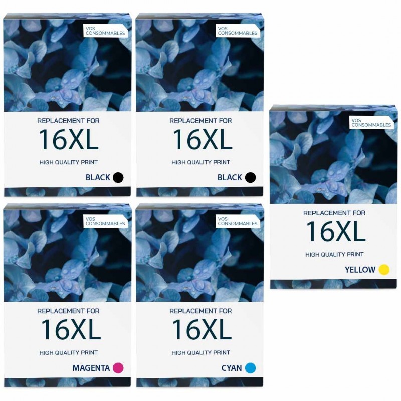 Pack de 5 cartouches compatibles 16XL Epson 2 noirs, 1 cyan, 1 magenta, 1 jaune