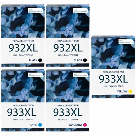 Pack de 5 cartouches imprimantes compatibles HP 932XL/933XL Noir, Jaune, Cyan, Magenta