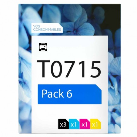 compatible Epson T0715 Pack de 6 cartouches d'encre 3 noirs, 1 cyan, 1 magenta, 1 jaune 