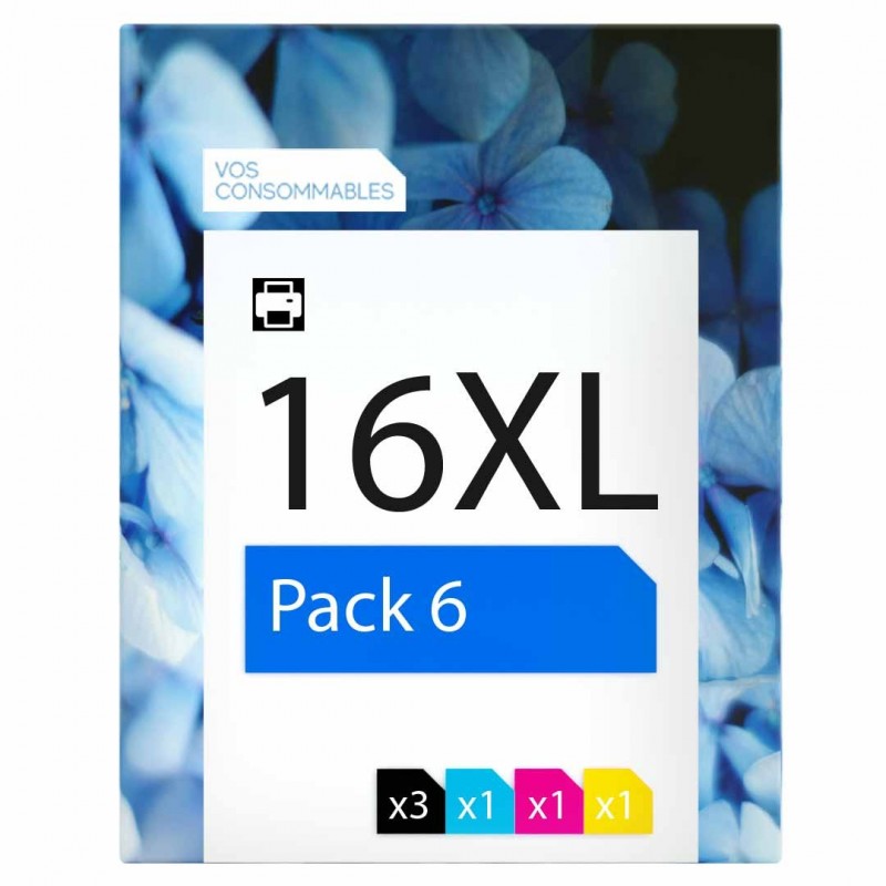 compatible Epson 16XL Pack de 6 cartouches d'encre 3 noirs, 1 cyan, 1 magenta, 1 jaune 