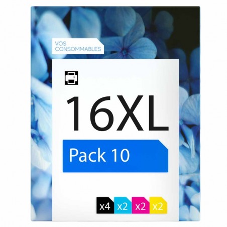 compatible Epson 16XL Pack de 10 cartouches d'encre 4 noirs, 2 cyan, 2 magenta, 2 jaune 