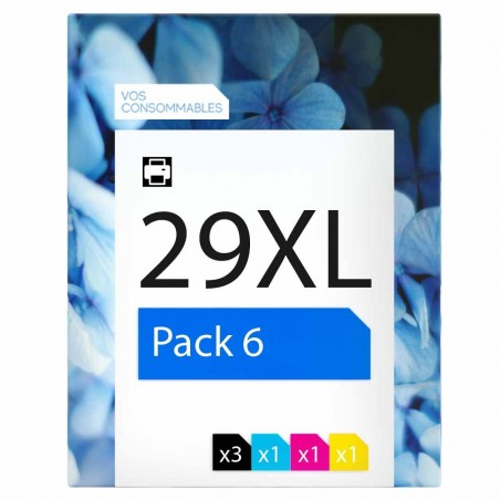 compatible Epson 29XL Pack de 6 cartouches d'encre 3 noirs, 1 cyan, 1 magenta, 1 jaune 