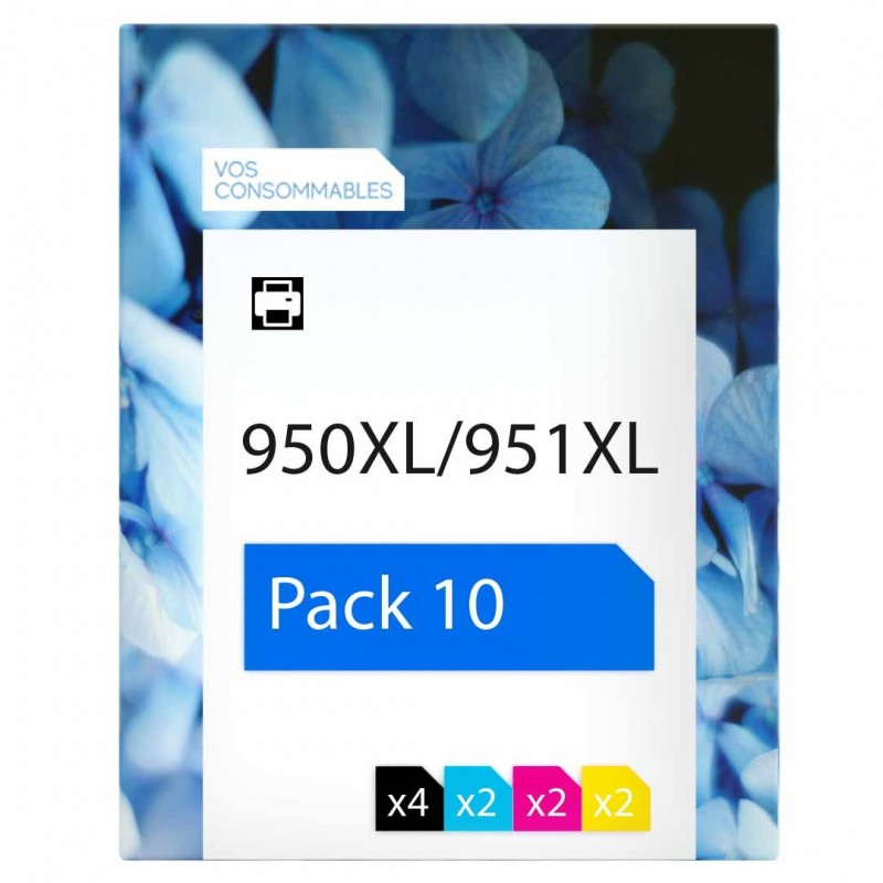 compatible HP 950XL/951XL Pack de 10 cartouches d'encre 4 noirs, 2 cyan, 2 magenta, 2 jaune 