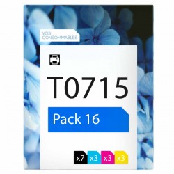 compatible Epson T0715 Pack de 16 cartouches d'encre 4 noirs, 4 cyan, 4 magenta, 4 jaune 